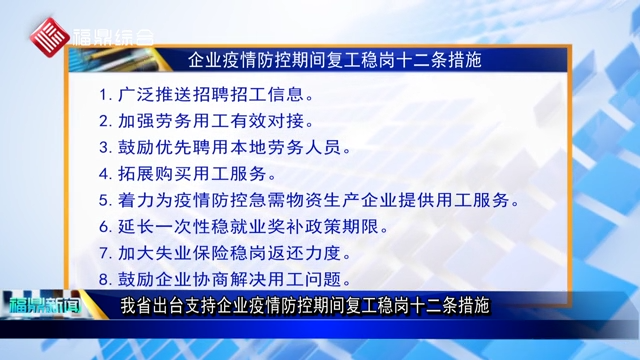 口播：我省出台支持企业疫情防控期间复工稳岗十二条措施