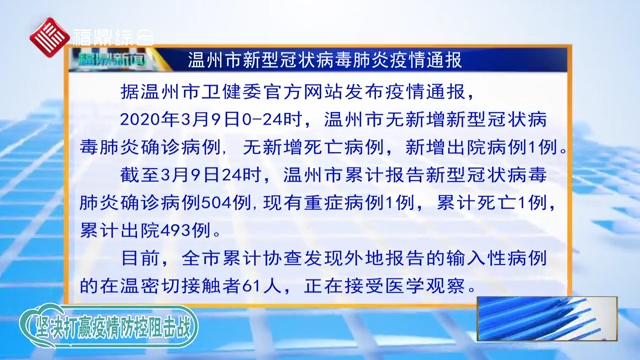 【每日疫情】温州市无新增确诊病例、死亡病例，新增出院病例1例