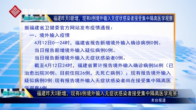 福建昨天0新增，现有6例境外输入无症状感染者接受集中隔离医学观察