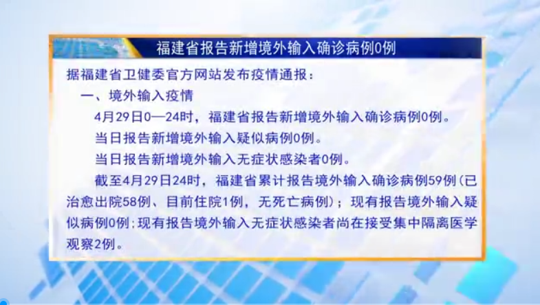 【每日疫情】福建省报告新增境外输入确诊病例0例