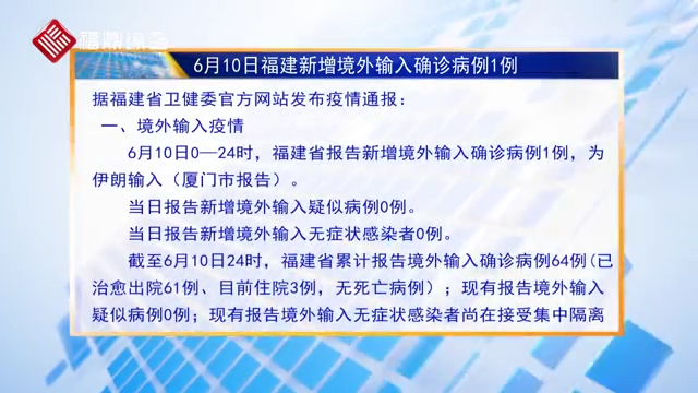 6月10日福建新增境外输入确诊病例1例