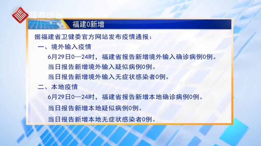 6月29日福建省报告新增确诊病例0例