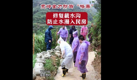 全力防御“格美”！贯岭镇及时修复截水沟，防止水漫入民房。