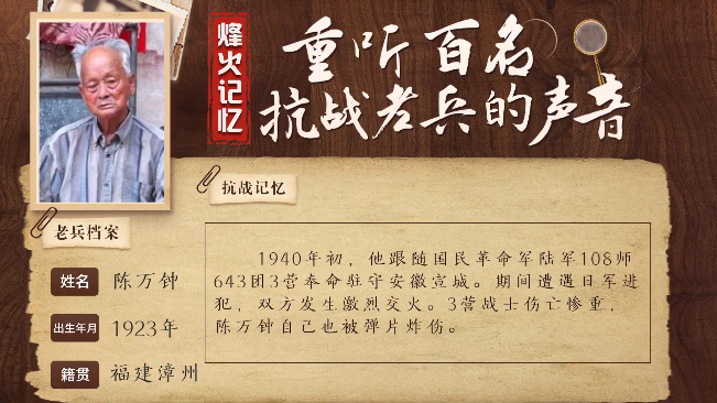 《烽火记忆——重听百名抗战老兵的声音》百集融媒系列报道 第十六集：陈万钟：弹片击中额头，活下来已是万幸